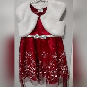Jona Michelle Girls Christmas A-Line girl Dress With Fur Jacket Red Floral Lace